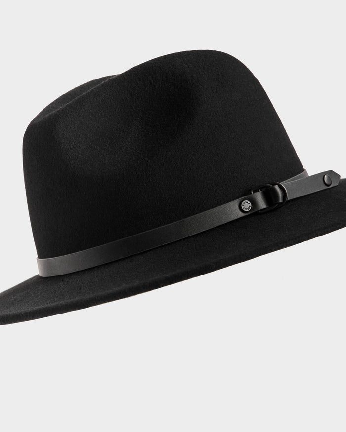 The ZELDA - 8425536 Black by Rudsak is a premium felted wool women’s fedora with a wide brim and thin black leather band, shown against a plain light background.