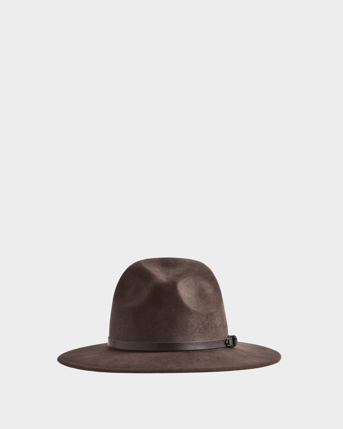 The ZELDA - 8425536 Espresso by Rudsak is a brown wide-brim felted wool hat with a subtle crown crease and a thin dark band, shown against a simple light backdrop.