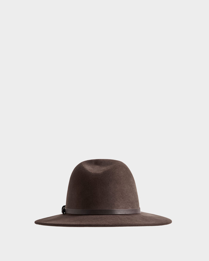 The ZELDA - 8425536 Espresso by Rudsak is a dark brown, wide-brim premium felted wool hat with a rounded crown and slim leather band, shown against a plain light gray background.
